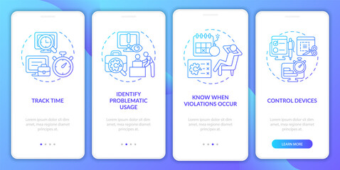 Naklejka premium Employee monitoring pros gradient onboarding mobile app page screen. Work tracking walkthrough 4 steps graphic instructions with concepts. UI, UX, GUI vector template with linear color illustrations