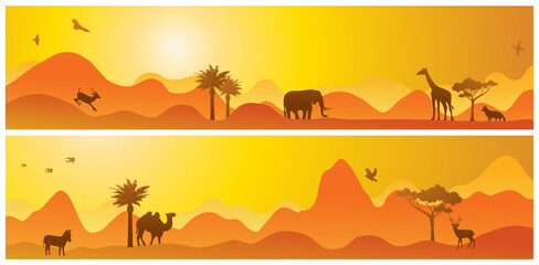 Fototapeta na wymiar Panorama of desert safari landscape on sunset