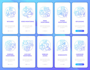 Employee monitoring gradient onboarding mobile app page screen. Work tracking walkthrough 5 steps graphic instructions with concepts. UI, UX, GUI vector template with linear color illustrations