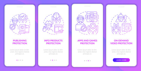 Authors rights protection onboarding mobile app page screen. On-demand video walkthrough 4 steps graphic instructions with concepts. UI, UX, GUI vector template with linear color illustrations