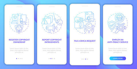 Piracy prevention onboarding mobile app page screen. File DMCA request walkthrough 4 steps graphic instructions with concepts. UI, UX, GUI vector template with linear color illustrations