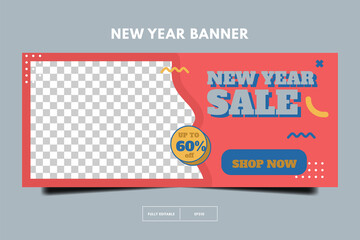 Horizontal banner template. Social media promotion template. New year sale 80s retro post template. memphis social media design.