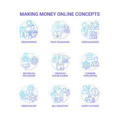 Making money online blue gradient concept icons set. Digital entrepreneurship idea thin line color illustrations. Invest in stocks. Print on demand. Dropshipping. Vector isolated outline drawings