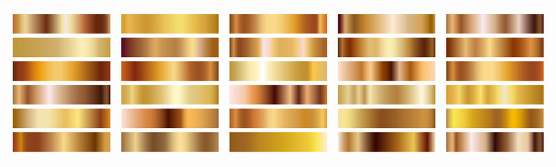 Gold, bronze, cooper and golden foil texture gradation background set. Vector shiny and metallic gradient collection for border, frame, ribbon, label design - obrazy, fototapety, plakaty
