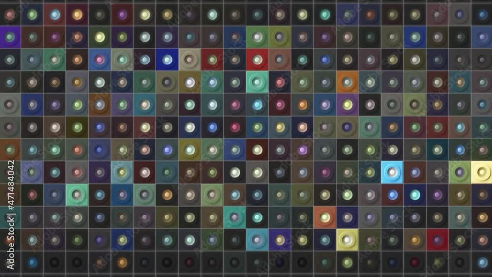 Poster colorful blinking rectangles in rainbow and grey tones, seamless loop. motion. small round dots in t