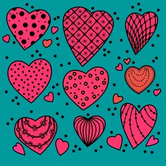 Obraz na płótnie Canvas Red crimson pink hearts with patterns on a blue green background. Set of isolated hearts for Valentine's Day. Festive background. Collection of elements for festive design and creative ideas.