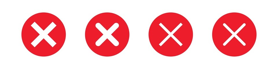 Red cross icon. Red x sign set. No symbol mark, wrong sign vector button. X shape cross for checkbox or box isolated on white background.