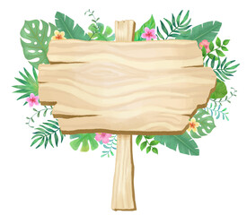 Wooden signboard with leaves and flowers.  Blank board with vector design. © Mimi Art Smile