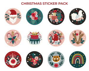 Christmas whimsical funny sticker pack, cute winter holidays sticker and gift tag collection isolated on white background. Christmas clipart