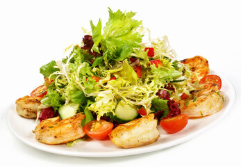 Mixed Salad with Tiger Prawns - Isolated on white Background