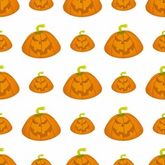 Seamless pattern evil halloween yellow orange pumpkins with faces on a white background. For packaging, advertising, design