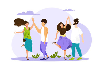 Concept of international friendship. Man and girl give each other high five. Partnership gestures, joy of meeting loved one, couple, family. Human solidarity. Cartoon flat vector illustration