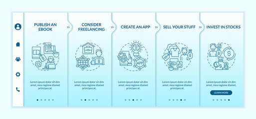 Approaches to make money online onboarding vector template. Responsive mobile website with icons. Web page walkthrough 5 step screens. Investment in stocks color concept with linear illustrations