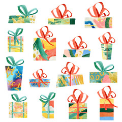 Hand drawn abstract Christmas gift boxes set. Watercolor bright box with bow set for Christmas card, birthday card, social media stories, stickers, banner, flyer.