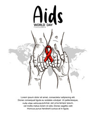 World AIDS Day with hand holding red ribbon and world map hand drawn style. Vector can be use for poster, campaign and banner