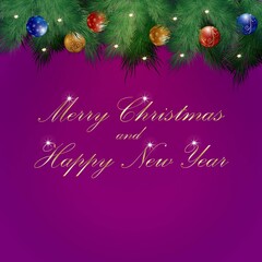 Merry Christmas and New Year. Square template with brilliant golden, red, and blue balls, glitter, Christmas tree branches. Social media, social network. Vector illustration on purple background