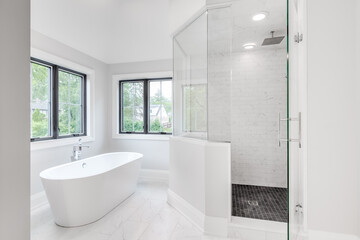 A large luxury bathroom with a standalone bathtub and a walk in shower with glass and tiled walls.
