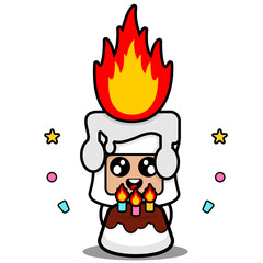 cartoon vector illustration of cute fiery white candle mascot costume character with birthday cake