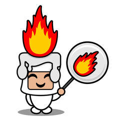 cartoon vector illustration of cute white fiery wax mascot costume character holding fire sign