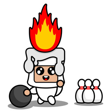 cartoon vector illustration of cute fiery white wax mascot costume character playing bowling
