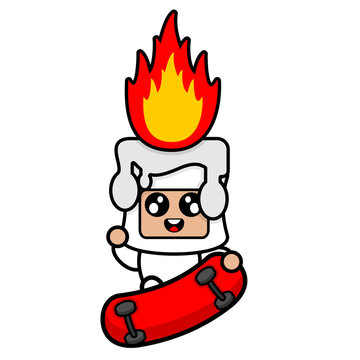 cartoon vector illustration of cute white fiery wax mascot costume character skateboarding