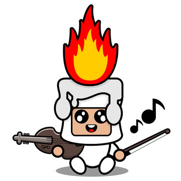 cartoon vector illustration of cute fiery white wax mascot costume character playing the violin