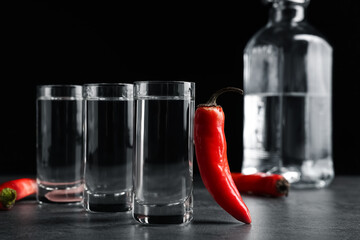 Red hot chili peppers and vodka on grey table against black background