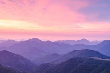 Fototapeta premium Colorful sunrise in the mountains (Coll d'Ares, border between France and Spain)