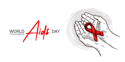 World AIDS Day with hand holding red ribbon hand drawn style. Vector can be use for poster, campaign and banner