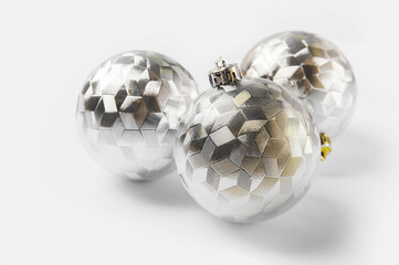 Three Luxury Metallics Christmas Balls On White Background. Scandinavian Botanical New Year..