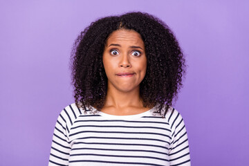Portrait of shocked amazed stressed girl staring hear unexpected news information isolated on...