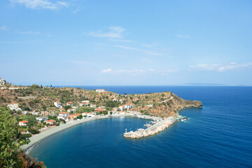 Naklejka na ściany i meble Beautiful view at blue marina,harbor,lagoon,bay in Greece, Peloponnese,Europe. Aegean sea