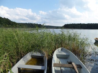 Boats on the quiet Langenhagensee in the municipality of Laerz, which borders the federal states of...
