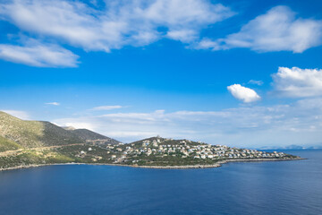 Beautiful bright blue bay,harbor,sky in Greece, Peloponnes,Europe. Aegean sea.Beauty in nature concept
