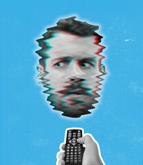 Contemporary art collage of male head with glitch TV effect isolated over blue background