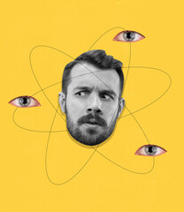 Modern dsign. Contemporary art collage of male head isolated over yellow background with eyes