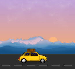 Fototapeta na wymiar Voyage illustration yellow car on the road with mountains landscape