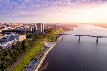 Fototapeta na wymiar Aerial top view panorama city Perm and central embankment of Kama river Russia, sunset drone photo