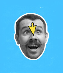 Contemporary art collage of man's head with joyful facial expression and yellow cursor isolated...