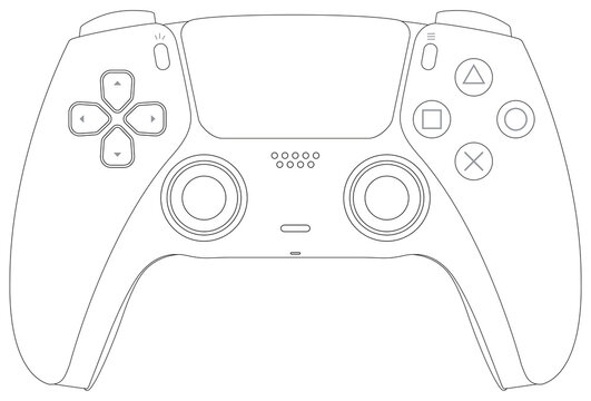Sony Play Station 5 dualsense wireless controller wireframe black and white icon. Playstation five new controller wireframe illustration. PS5 gamepad. Tokyo 2021.