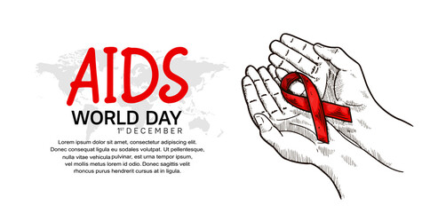 World AIDS Day with hand holding red ribbon hand drawn style. Vector can be use for poster, campaign and banner