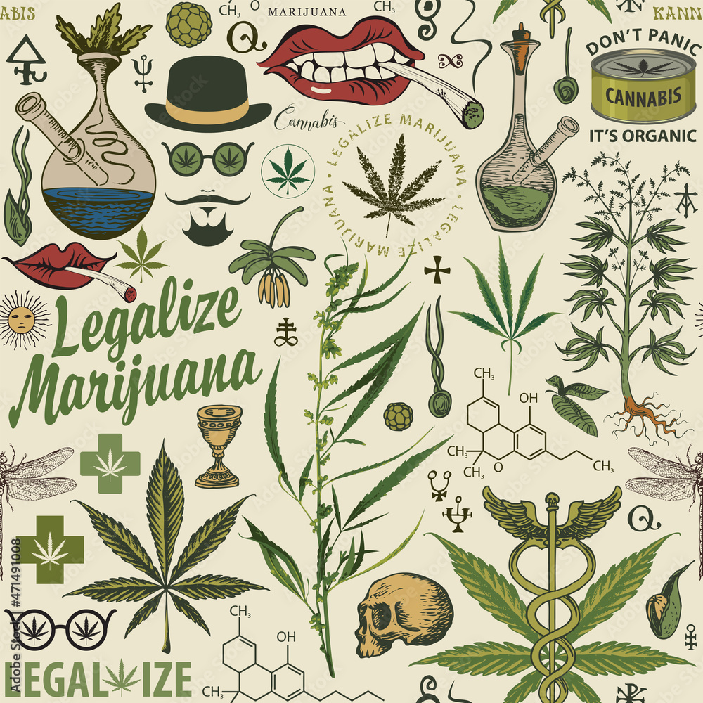 Aufkleber vector seamless pattern in retro style on the theme of legalize marijuana. color repeatable backgrou