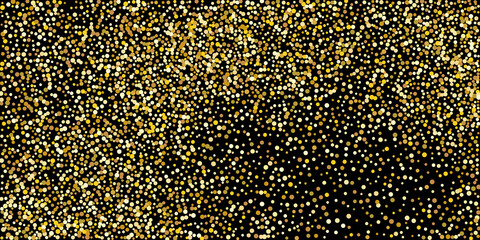 Golden point confetti on a black background. Illustration of a drop of shiny particles. Decorative element. Element of design. Vector illustration, EPS 10.