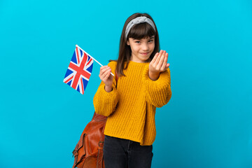 Little girl studying English isolated on blue background inviting to come with hand. Happy that you...