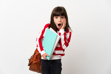 Fototapeta premium Little student girl isolated on white background with surprise and shocked facial expression