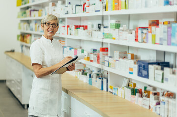 Beautiful senior female pharmacist checking medications on a shelf