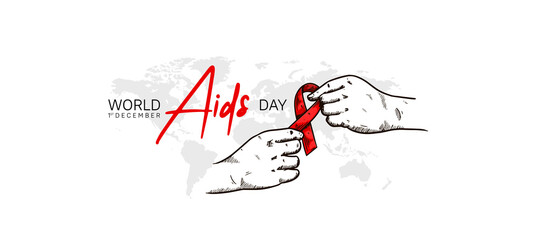 World AIDS Day with hand and red ribbon, world map hand drawn style. Vector can be use for poster, campaign and banner