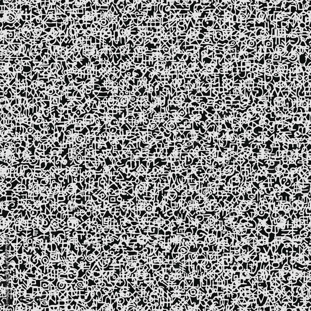 Poster abstract seamless pattern with lots of small doodles on a black backdrop. monochrome hand-drawn text