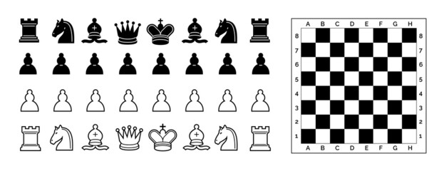 Chess icons and chessboard. - obrazy, fototapety, plakaty