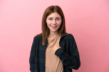 Fototapeta premium Young English woman isolated on pink background with surprise facial expression